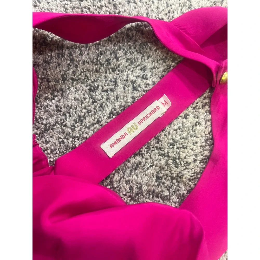 Amanda Uprichard Hot Pink‎ Halter Blouse 100% Silk Deep V-Neck Open Back Medium